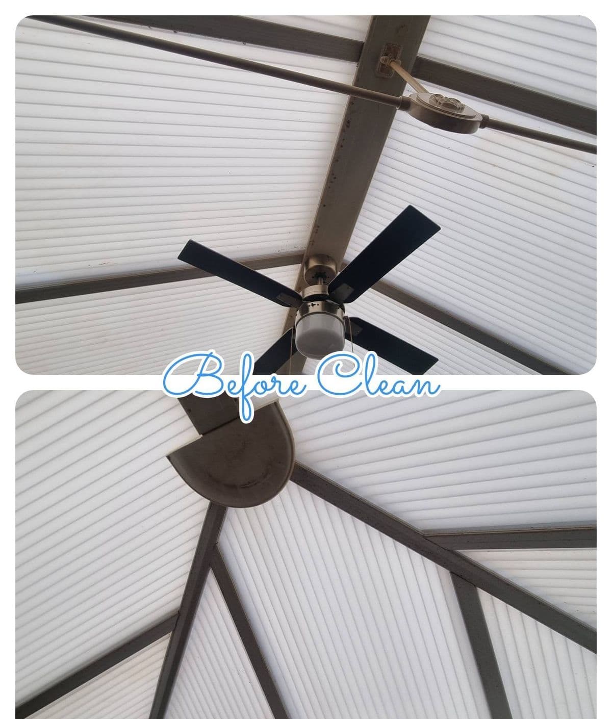 Conservatory roof — the glazed roof and beams of a conservatory, before and after cleaning