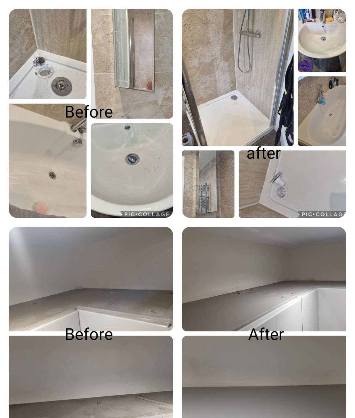 Bathroom — a bathroom basin, bath and tiling, before and after cleaning