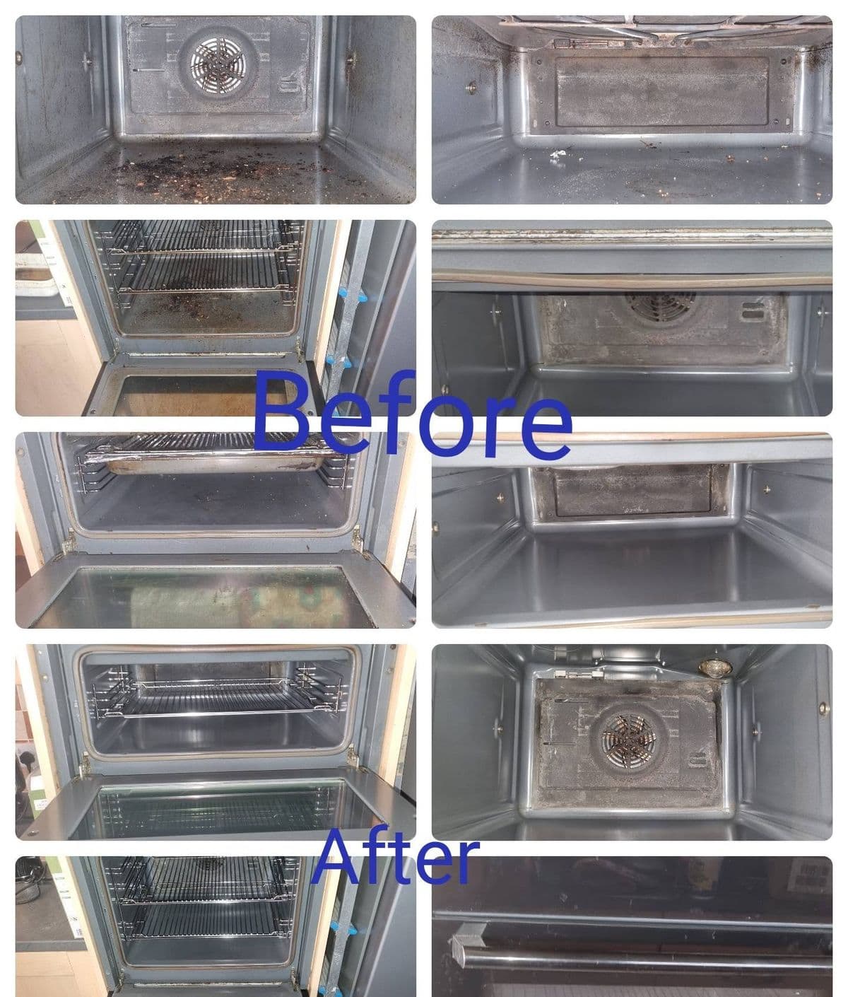 Oven interior — the inside of an oven, racks and door glass, before and after