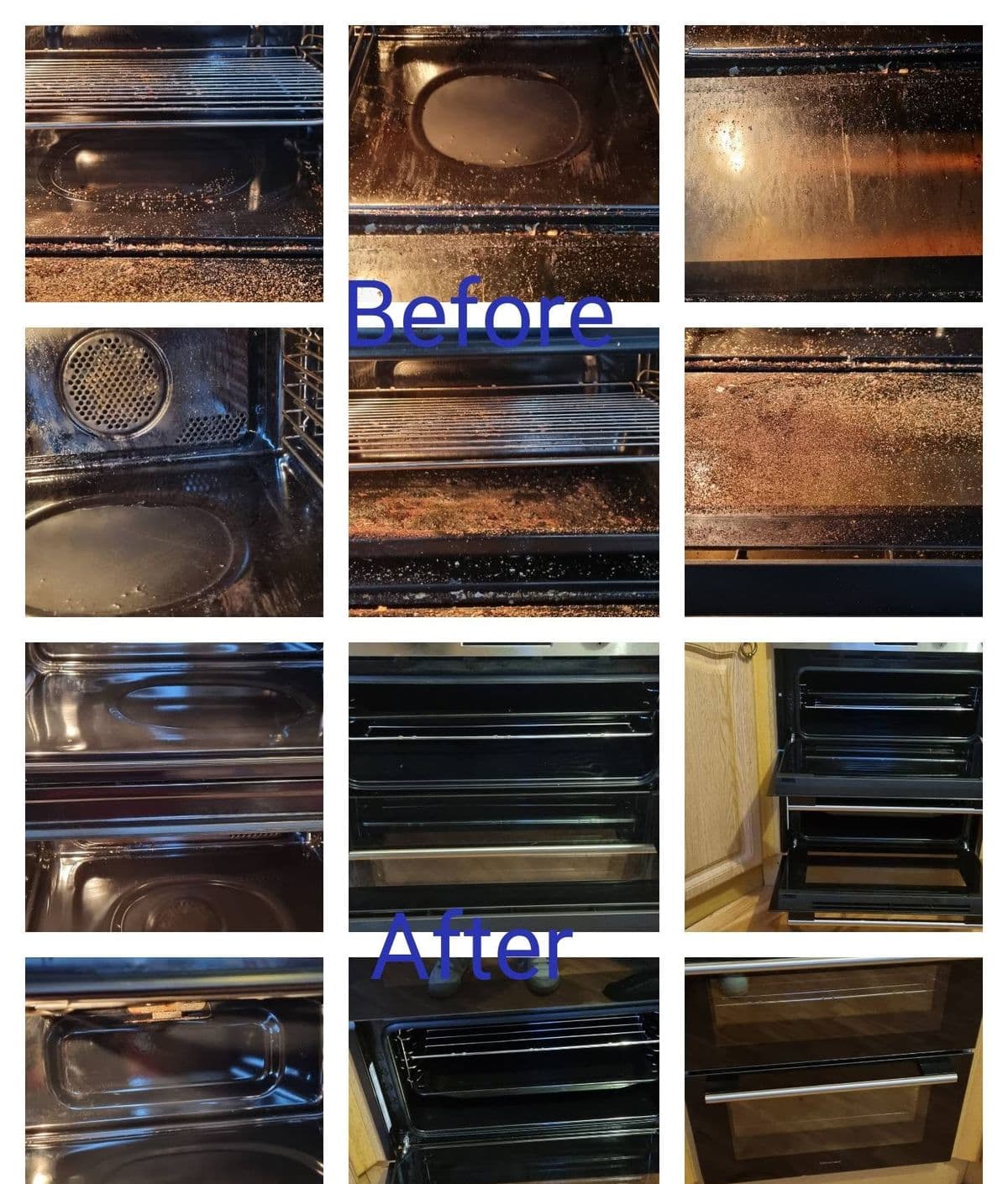 Oven interior — oven shelves, door and interior, before and after cleaning