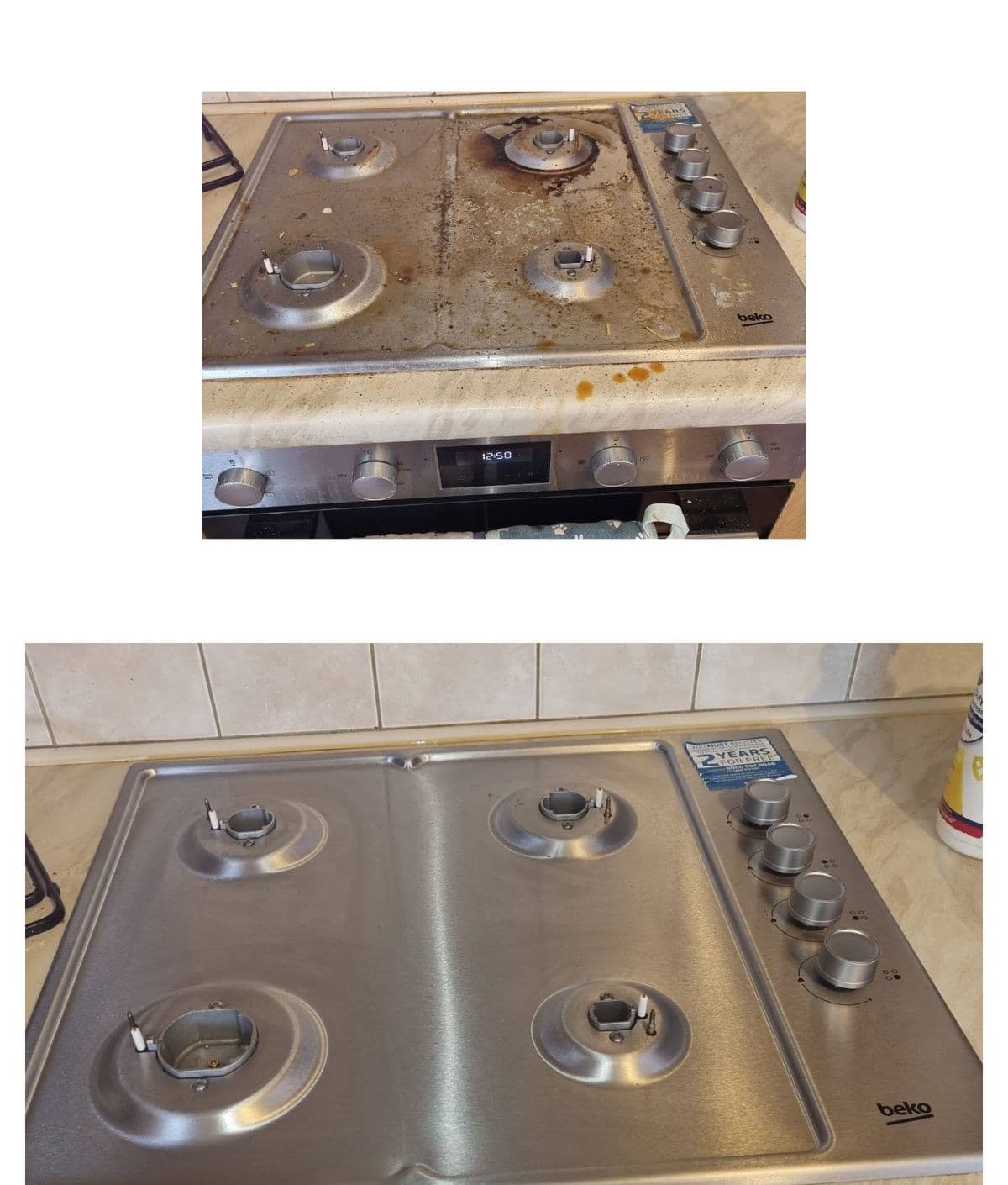 Gas hob — a gas hob with burnt-on spill, and the same hob cleaned